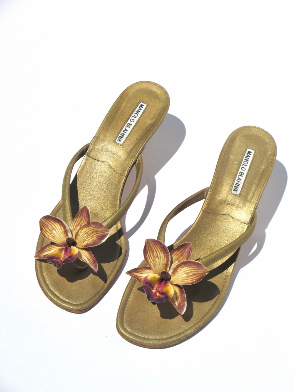 Reworked Upcycled Manolo Blahnik Muted Gold Orchid Kitten Heels